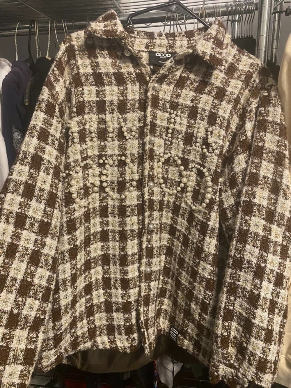 Good Brand Brown Cream Plaid Pearl Embellished Overshirt Size L
